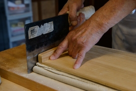 A heavy cleaver-style knife that weighs almost 1kg is used to cut the soba into 2mm thick noodles.