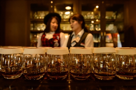 Free samples in the Nikka Whisky Hall, Whiskey bar inside the Whisky Museum, Nikka Distillery, Hokkaido, Japan.